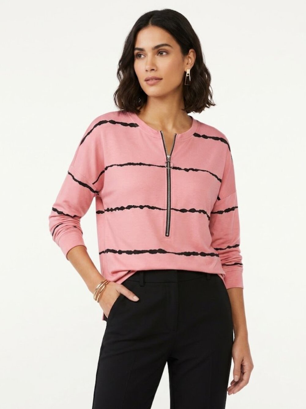Waytogo Womens Oversized Long Sleeve Tee Zippered Opening Pink Black 2X